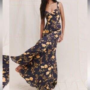 Reformation Navy Maxi Dress with Yellow Floral Print
